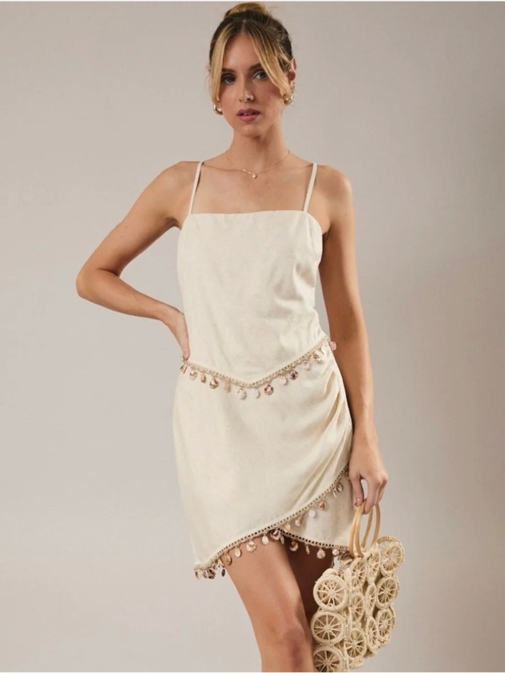 NWT SUNDAY EDITION SEASHELL TRIM MINI DRESS RESORT WEAR BEACH COASTAL NEUTRAL